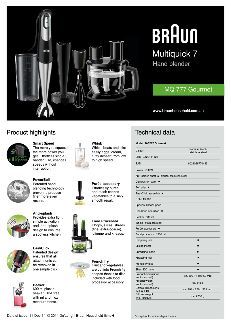 Page 1 of the manual Technical Sheet Braun Multiquick 7 MQ 777
