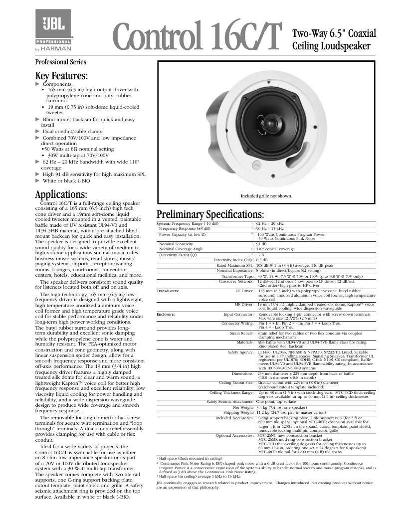 Page 1 of the manual Brochure JBL Control 16C/T