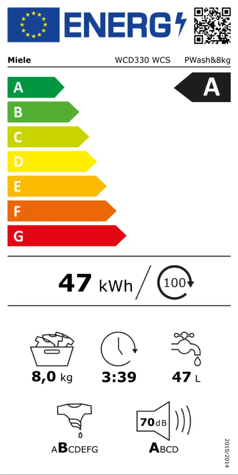 Page 1 of the manual Energy Label Miele WCD 330 WCS PWash & 8kg