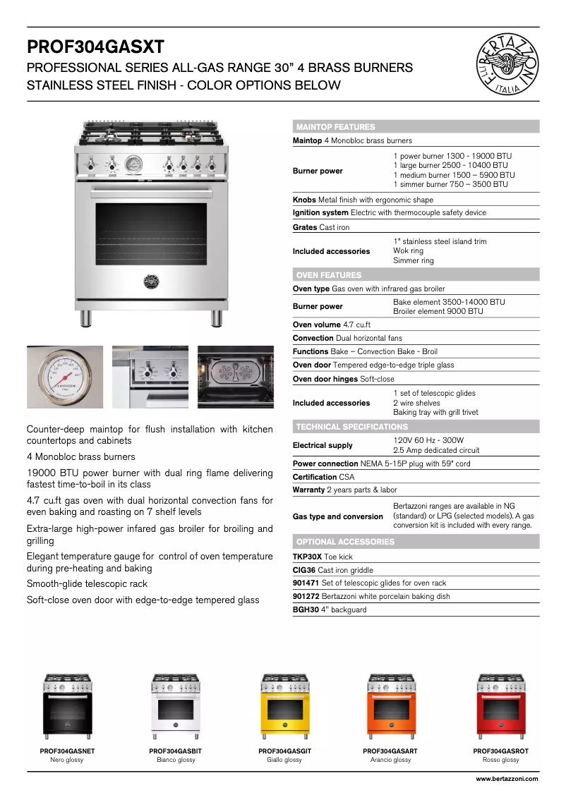 Page 1 of the manual Technical Sheet Bertazzoni PROF304GASART