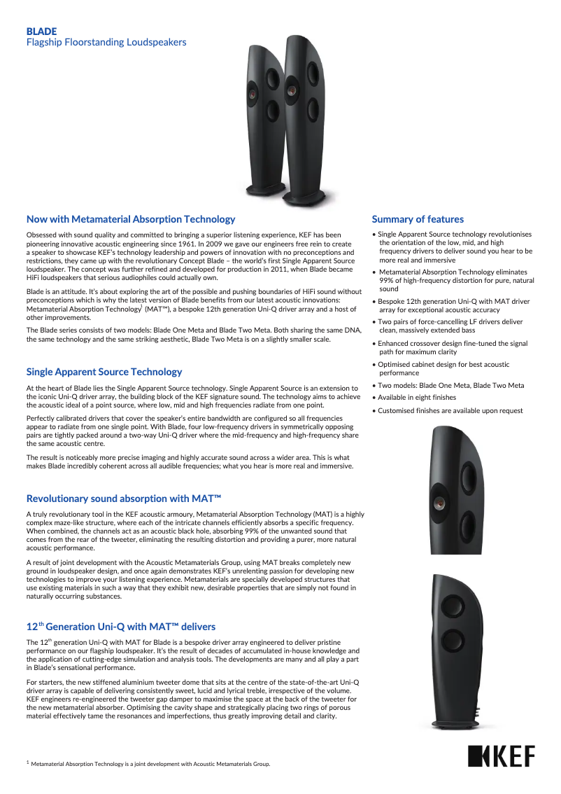 Page 1 de la notice Fiche technique KEF Blade