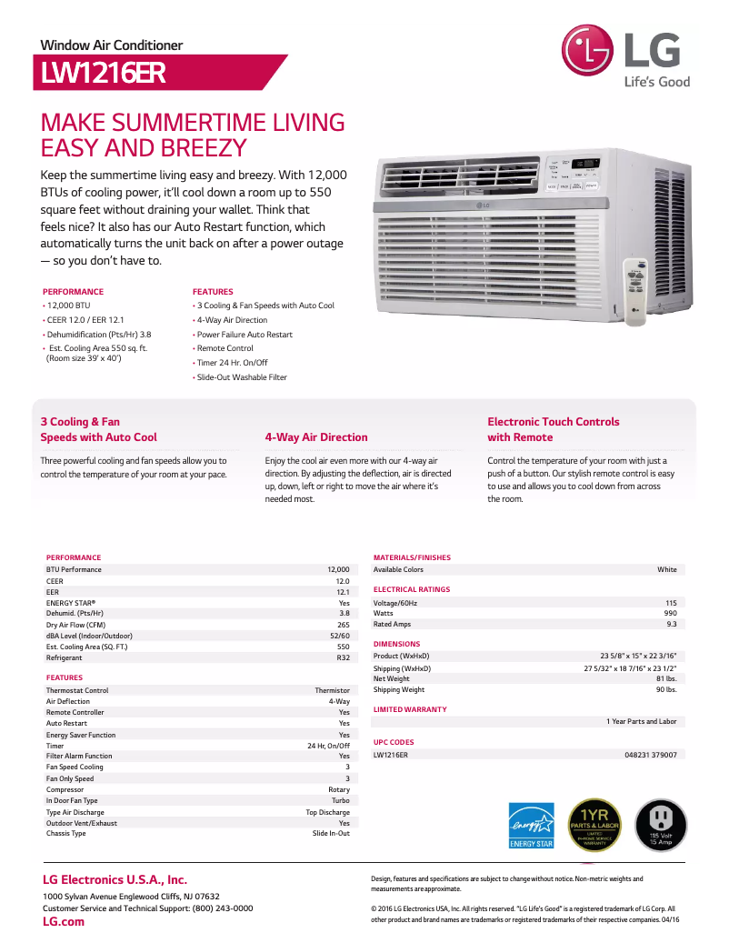 Page 1 of the manual Technical Sheet LG LW1216ER