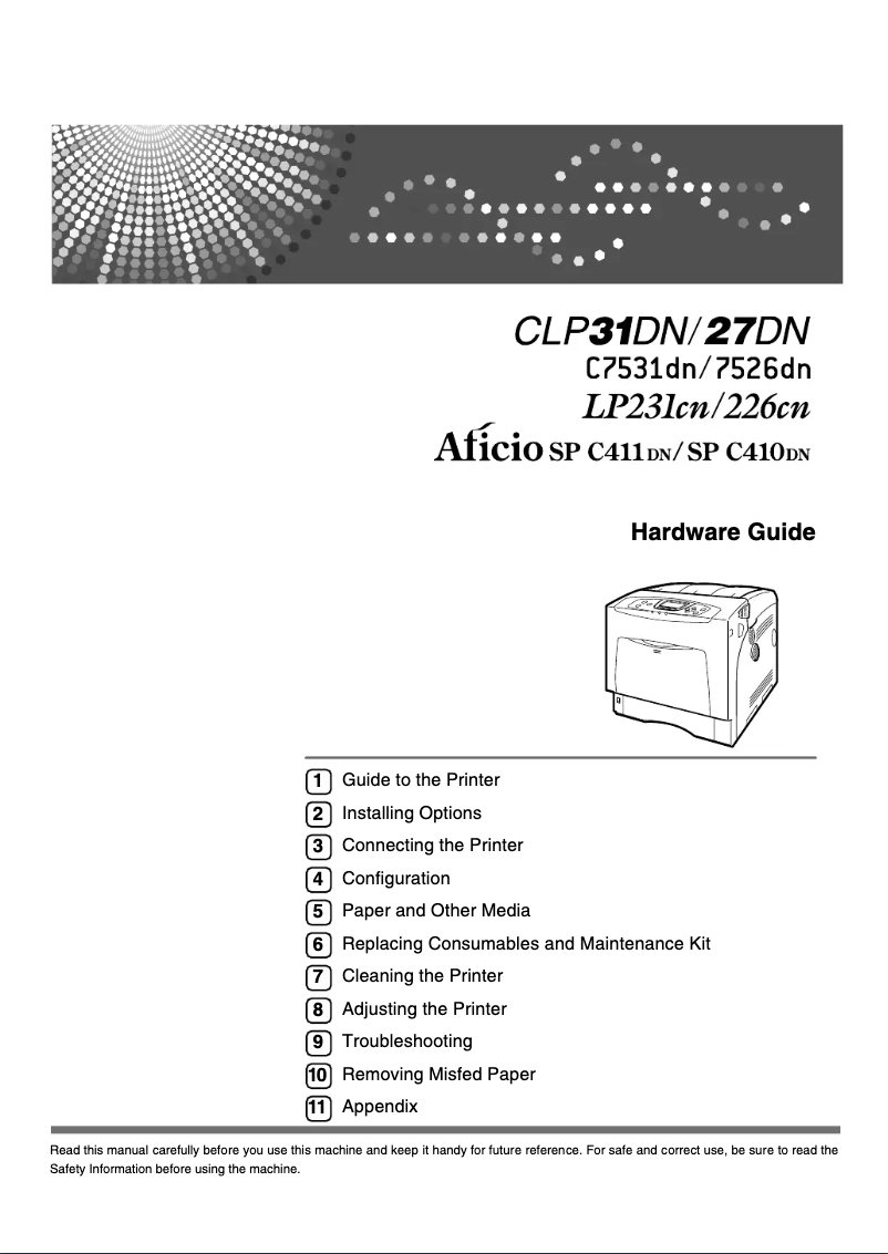 First page image of the manual for SP C410DN-KP