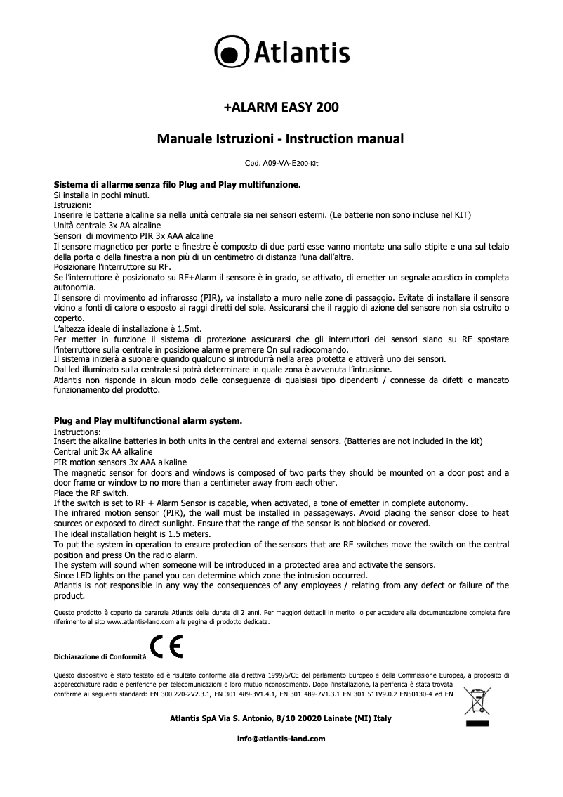 Page 1 of the manual User Manual Atlantis Land +Alarm 200 Easy