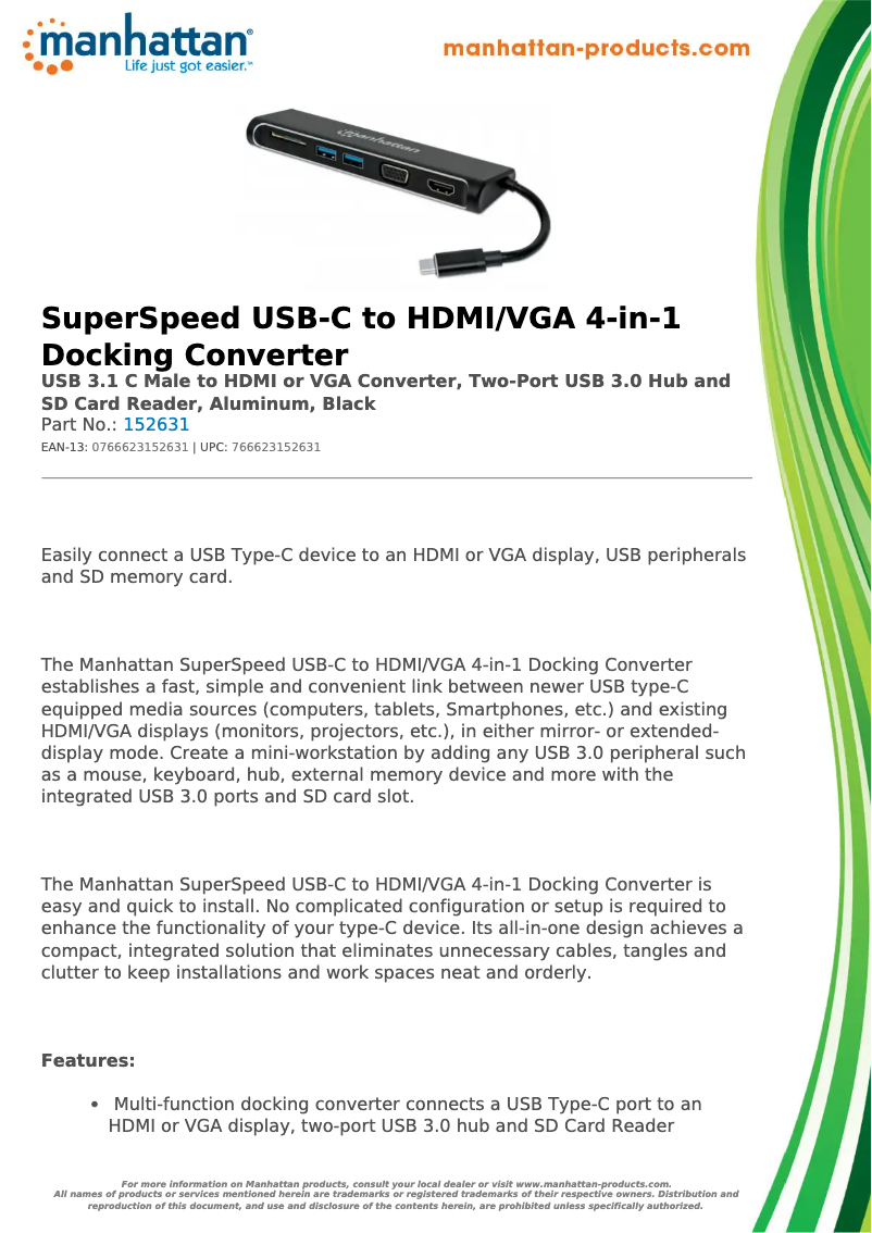 Page 1 of the manual Technical Sheet Manhattan 152631