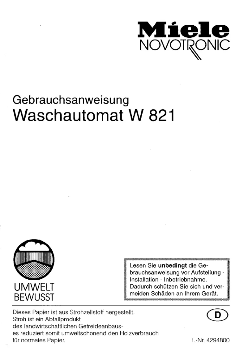 Page 1 of the manual User Manual Miele W 821