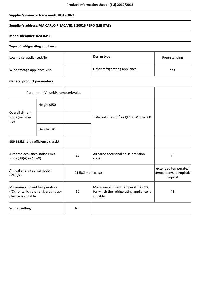 Page 1 of the manual Technical Sheet Hotpoint RZA36P 1