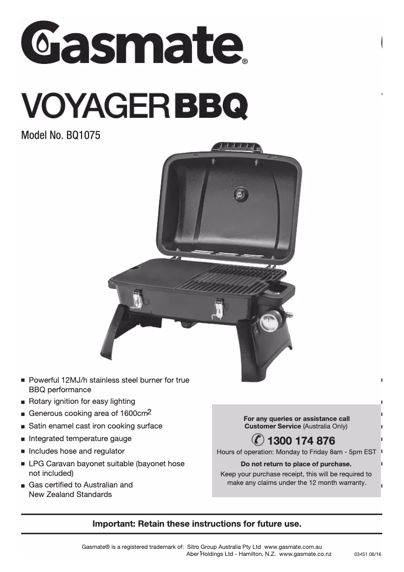 Page 1 of the manual User Manual Gasmate Voyager BQ1075