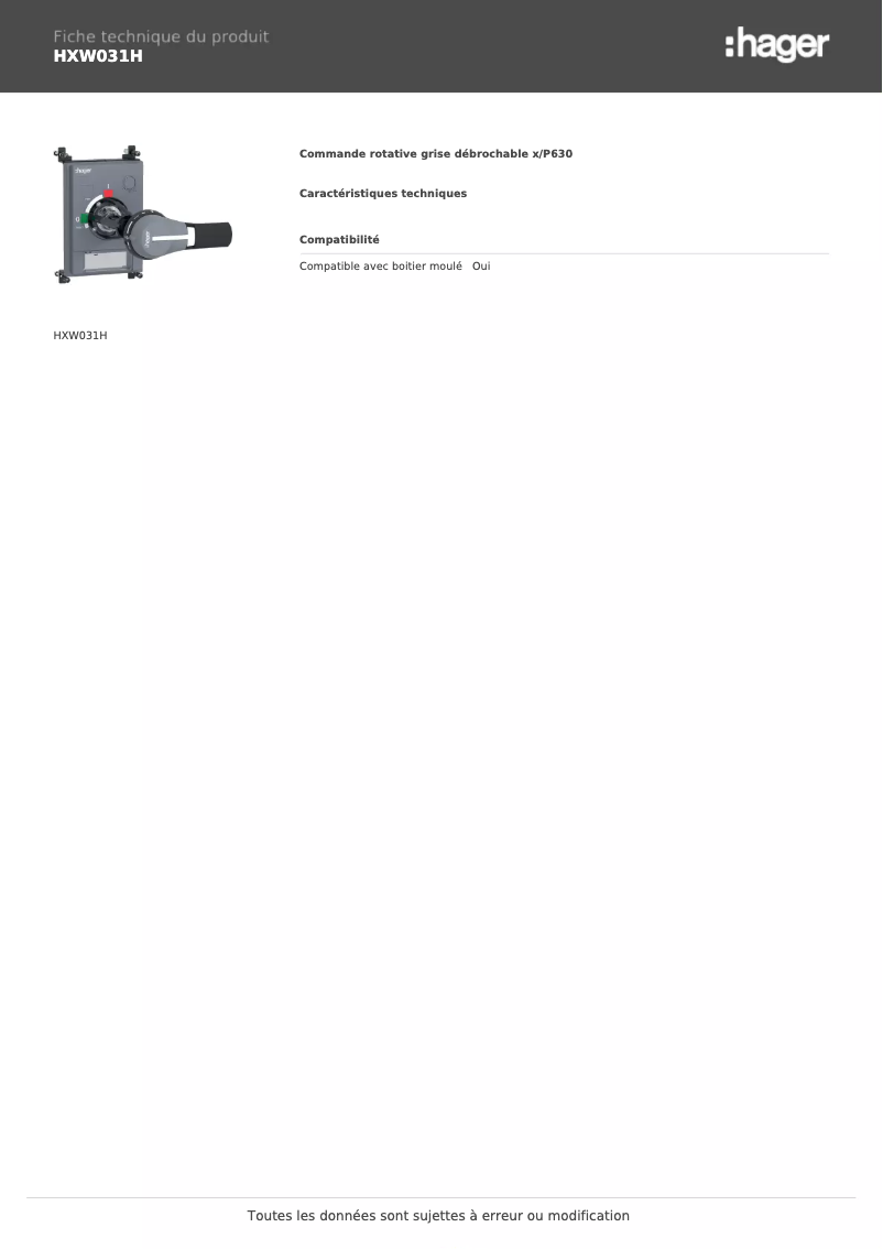 Page 1 of the manual Technical Sheet Hager HXW031H