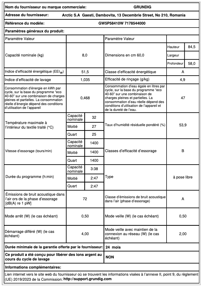 Page 1 of the manual Technical Sheet Grundig GW5P58410W