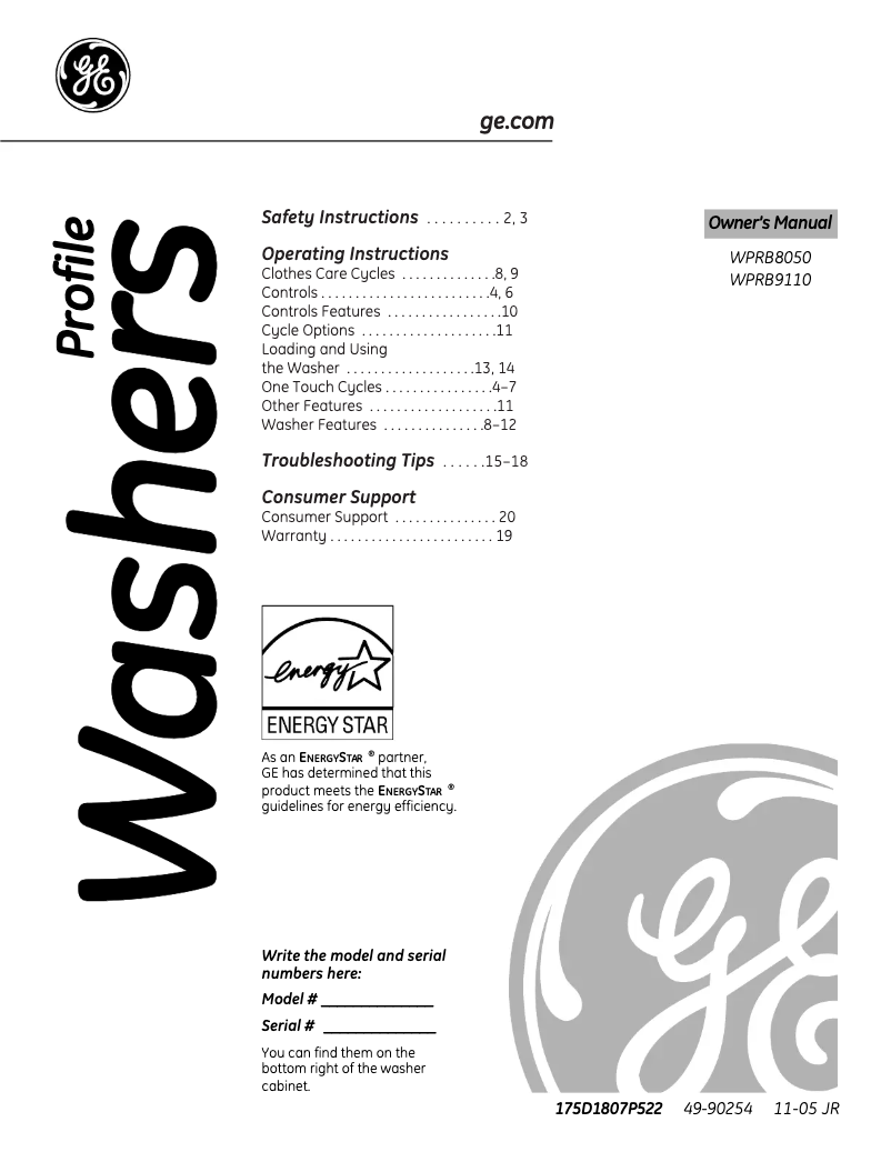 Page 1 of the manual Use and Maintenance Manual GE Profile WPRB9110DCC