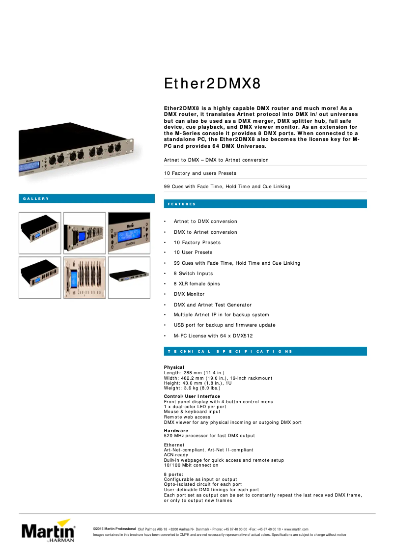 Page 1 of the manual Technical Sheet Martin Ether2DMX8