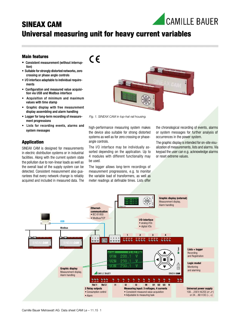 Page 1 of the manual Technical Sheet Camille Bauer Sineax CAM