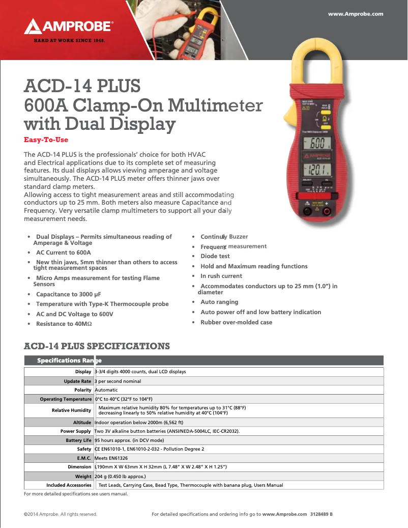 Page 1 of the manual Technical Sheet Amprobe ACD-14-PLUS