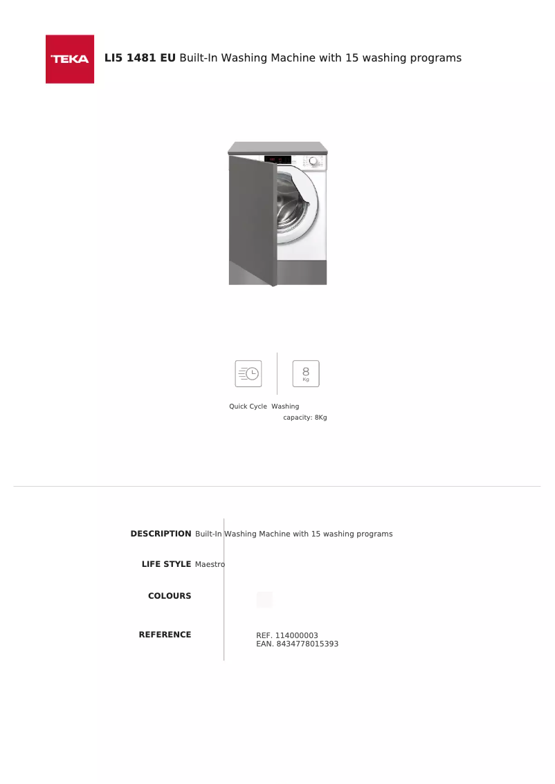 Page 1 of the manual Technical Sheet Teka LI5 1481 EU