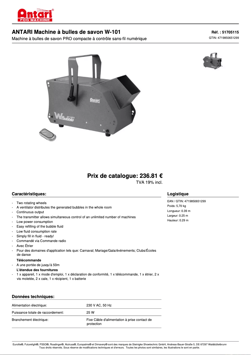 Page 1 of the manual Technical Sheet Antari W-101