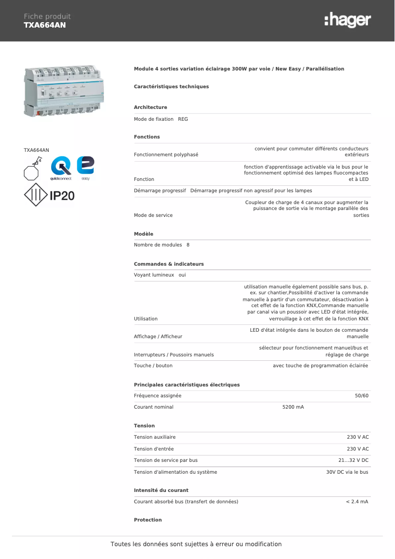 Page 1 of the manual Technical Sheet Hager TXA664AN