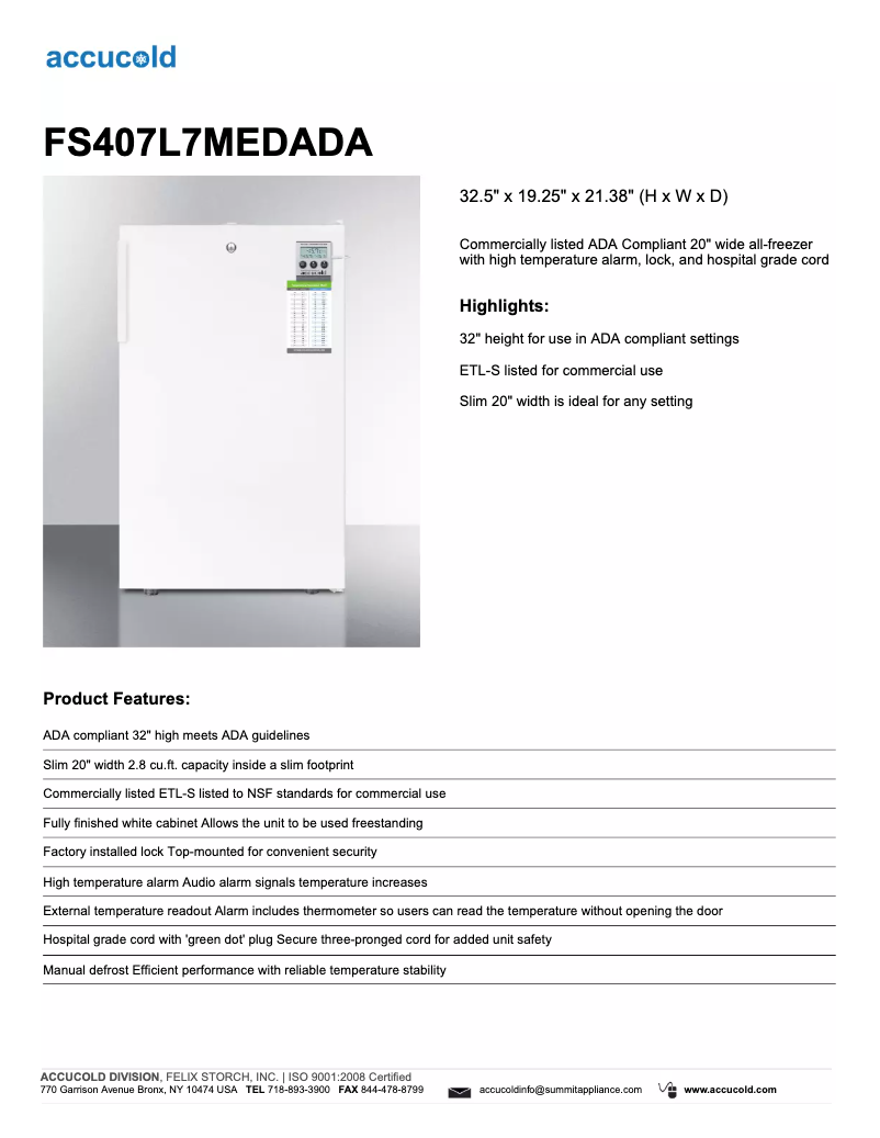 Page 1 of the manual Technical Sheet Summit Accucold FS407L7MEDADA