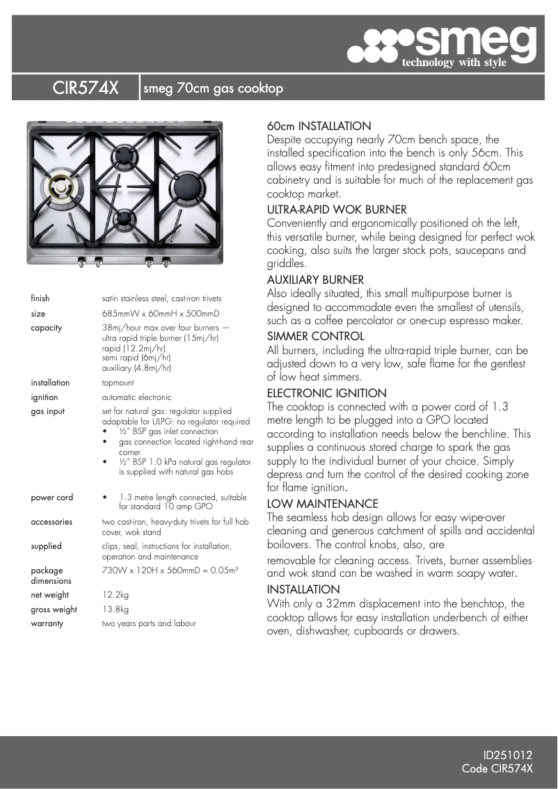 Page 1 of the manual Technical Sheet Smeg CIR574X3