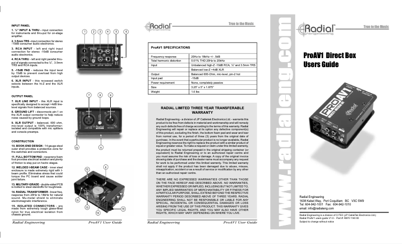 Page 1 de la notice Manuel utilisateur Radial Engineering ProAV1