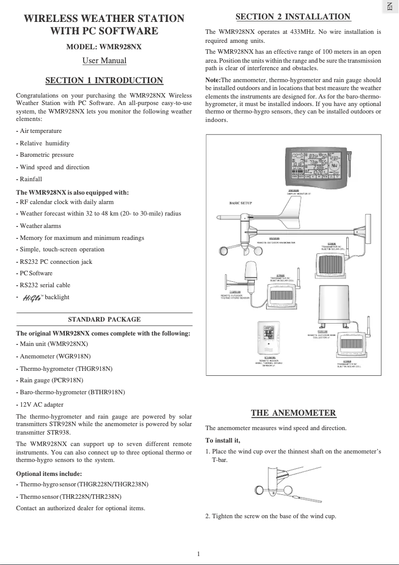 Page 1 of the manual User Manual Oregon Scientific WMR 928NX