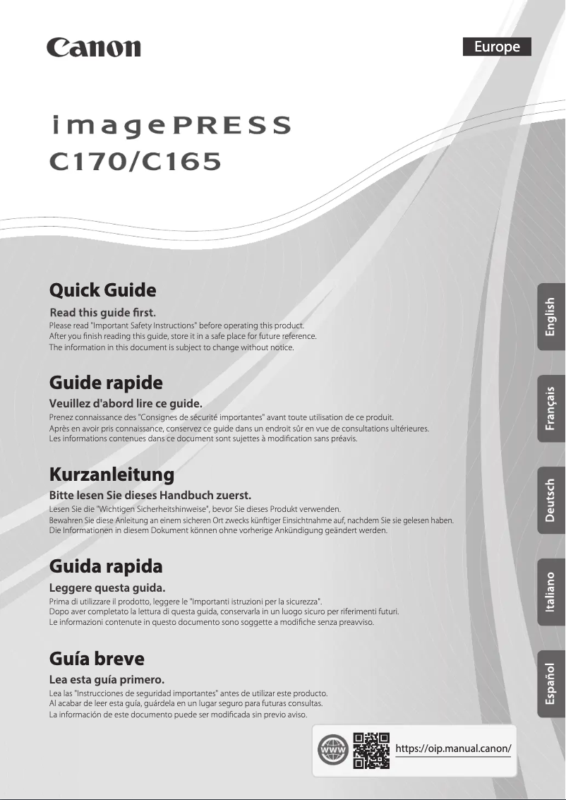 First page image of the manual for imagePRESS C165
