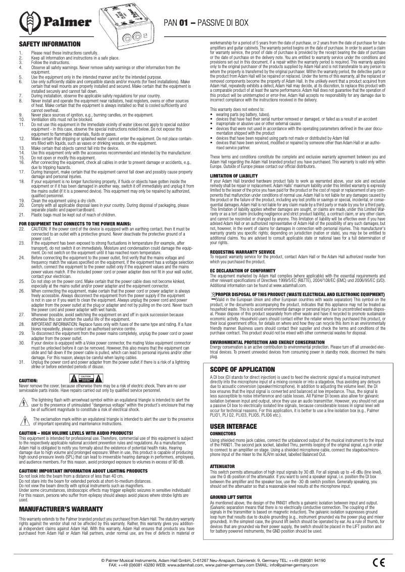 Page 1 of the manual User Manual Palmer PAN 01