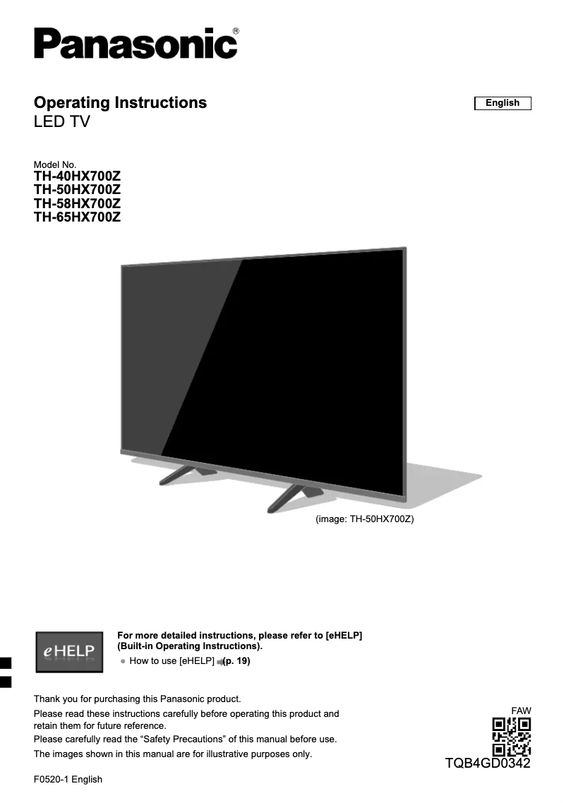 Page 1 of the manual User Manual Panasonic TH-58HX700Z