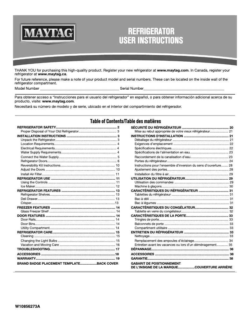 First page image of the manual for MRT711SMFZ