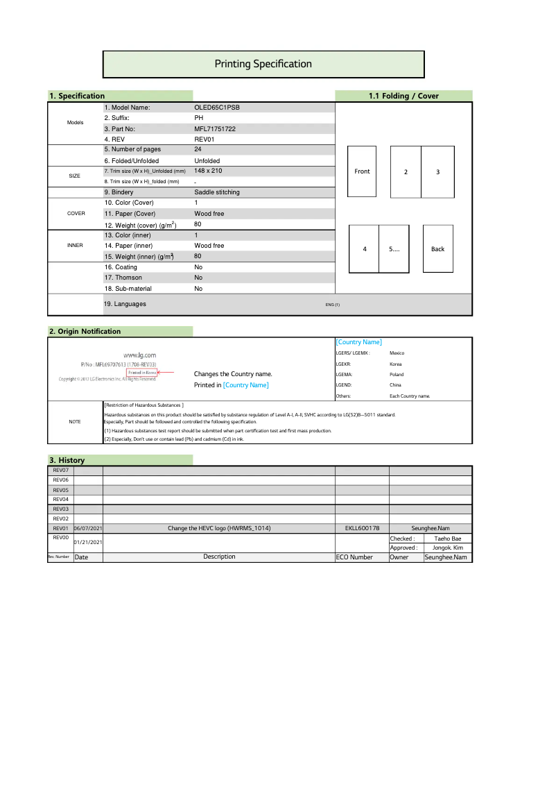First page image of the manual for OLED55C1PSB