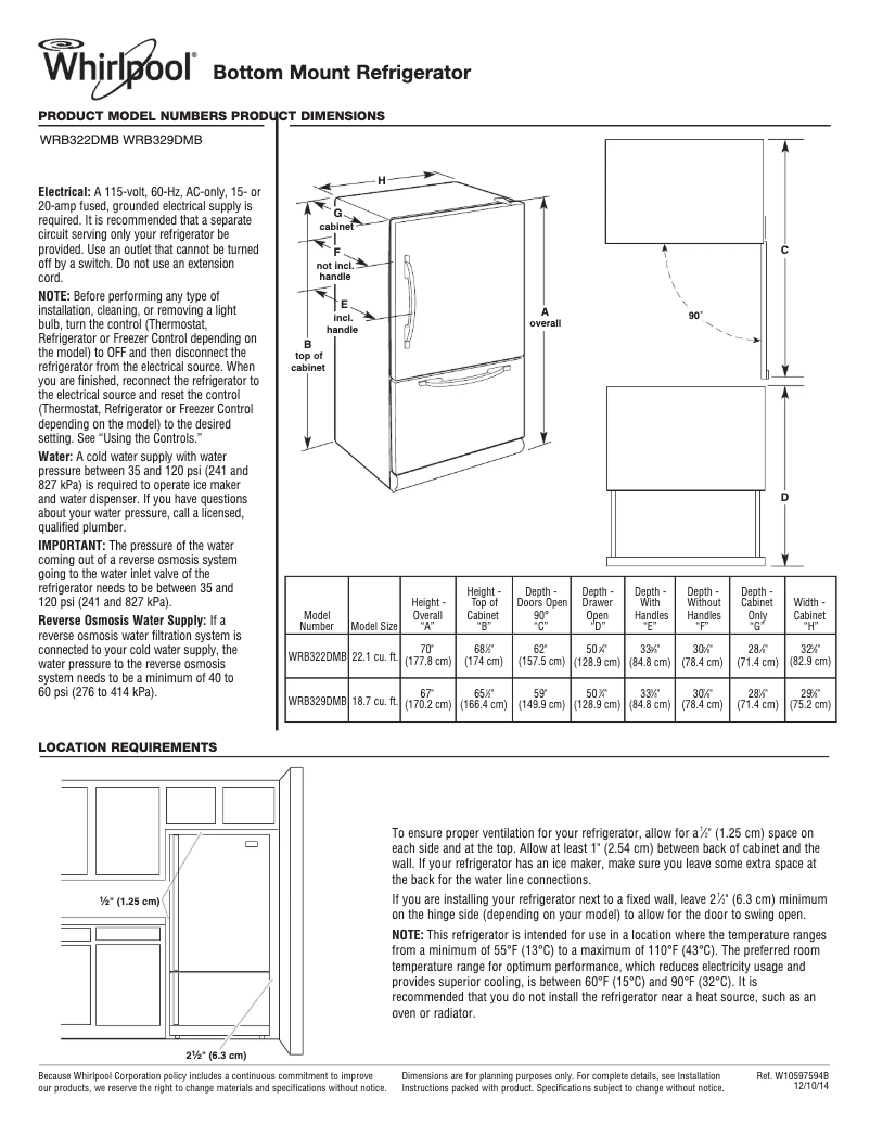 Page 1 of the manual Technical Sheet Whirlpool WRB322DMB