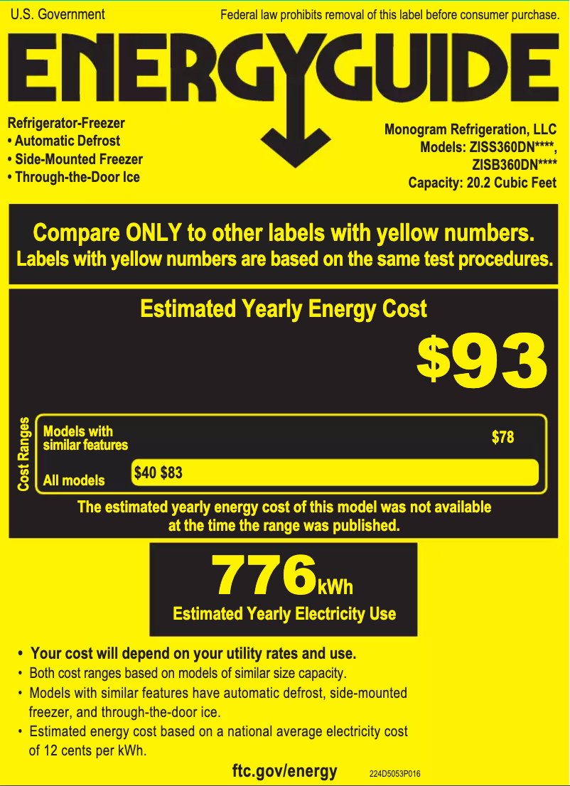 Page 1 of the manual Energy Label Monogram ZISS360DNSS