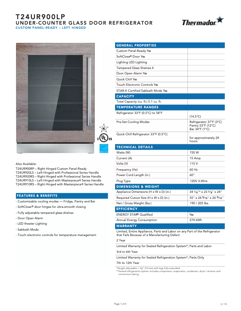 Page 1 of the manual Technical Sheet Thermador T24UR900LP