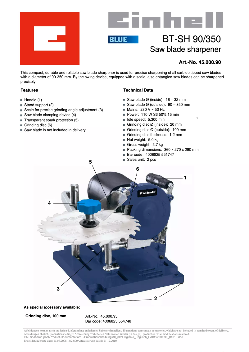 Page 1 of the manual Technical Sheet Einhell BT-SH 90/350