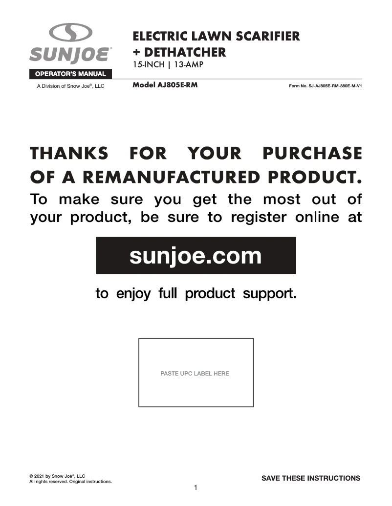 Page 1 de la notice Manuel utilisateur Sun Joe AJ805E-RM