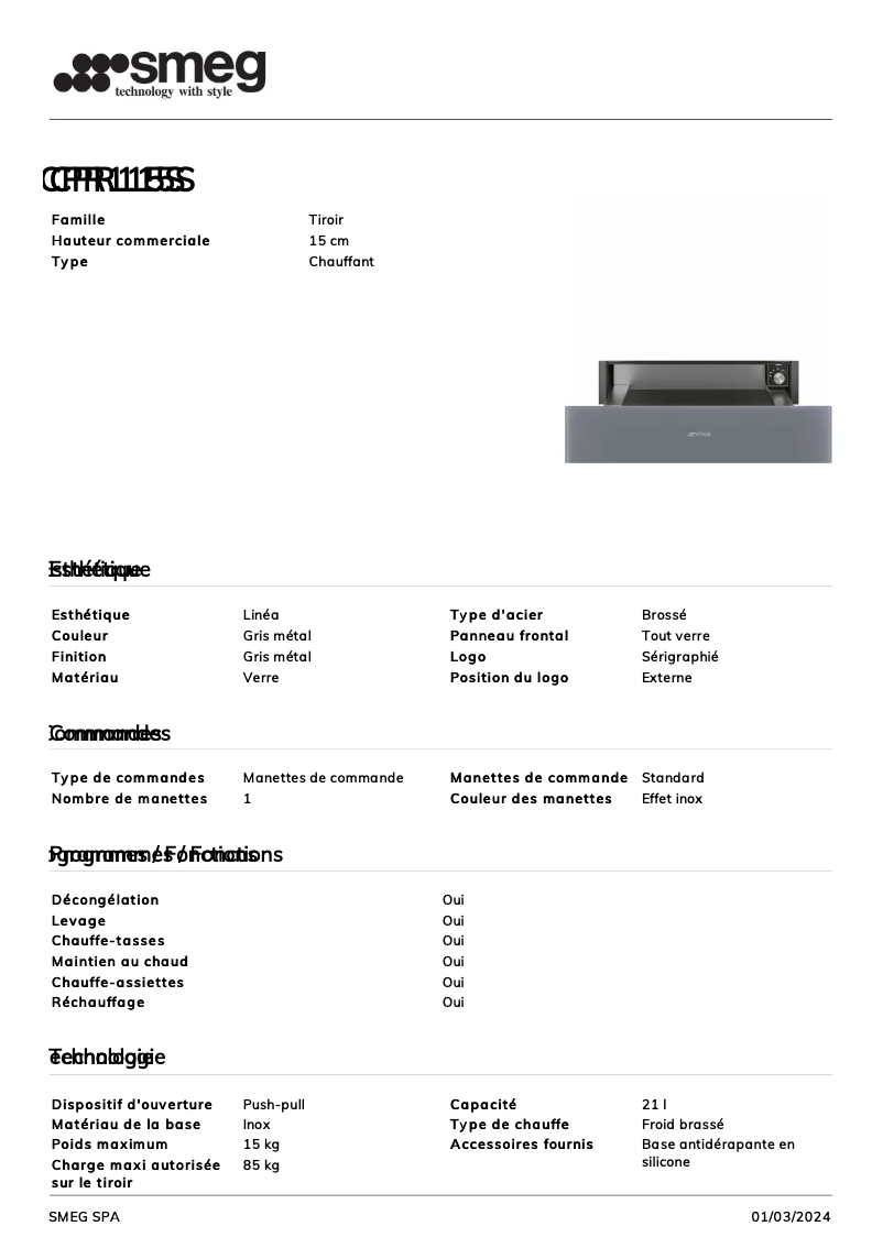 Page 1 de la notice Fiche technique Smeg CPR115S