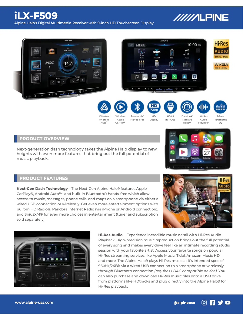 Page 1 of the manual Technical Sheet Alpine Halo9 iLX-F509