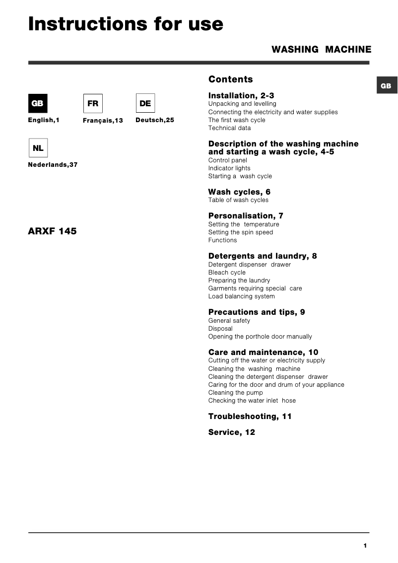 First page image of the manual for ARXF 145