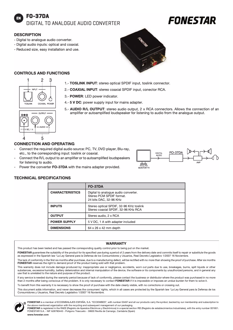 Page 1 of the manual User Manual FoneStar FO-37DA