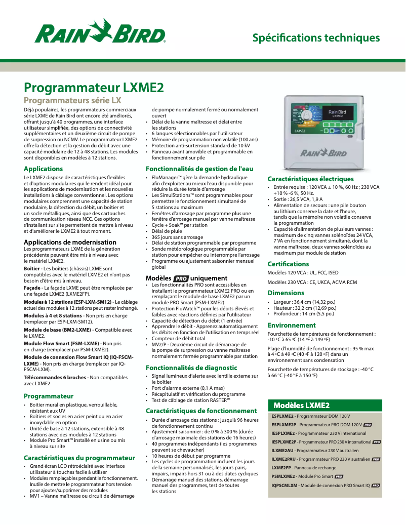Page 1 of the manual Technical Sheet Rain Bird ESP-LXME2