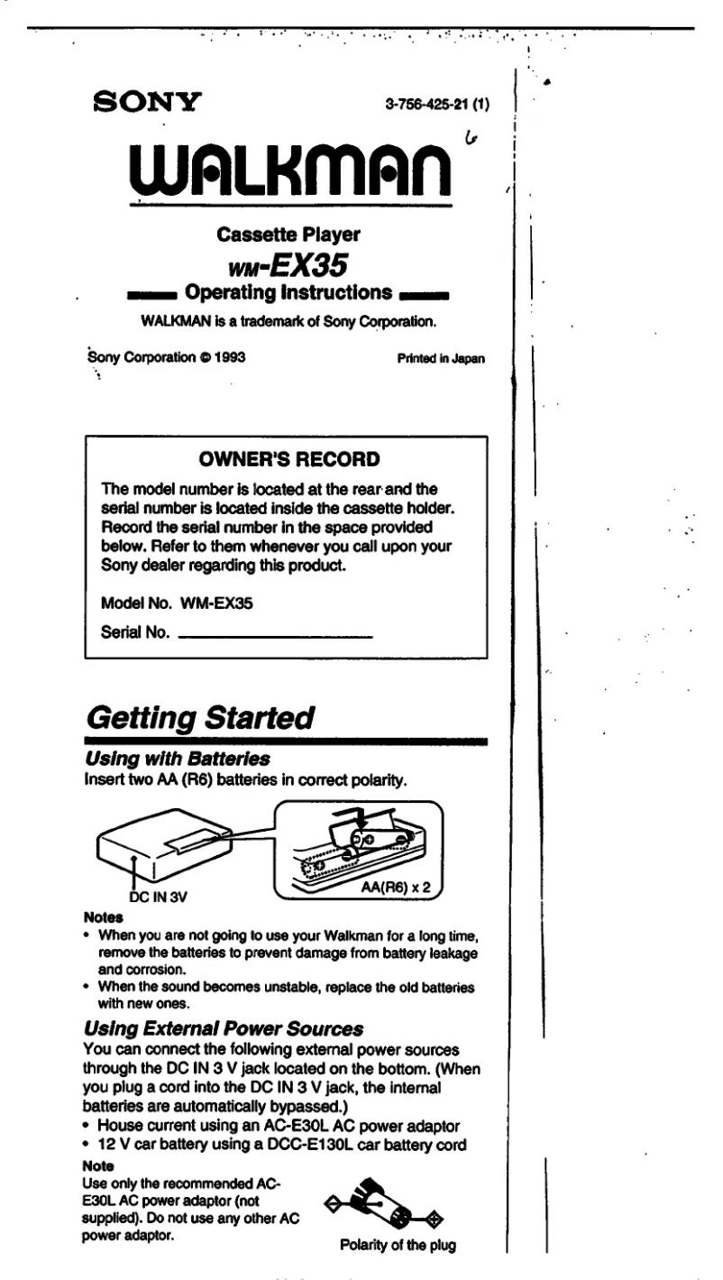 Page 1 of the manual User Manual Sony Walkman WM-EX35