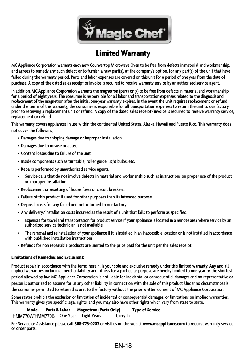 Page 1 of the manual Warranty Information Magic Chef HMM770W