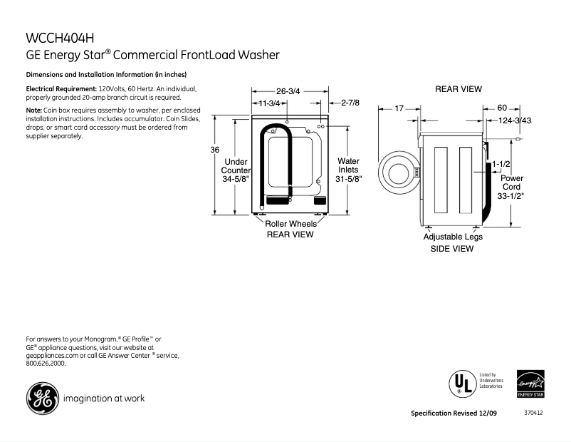 Page 1 of the manual Technical Sheet GE WCCH404HWW