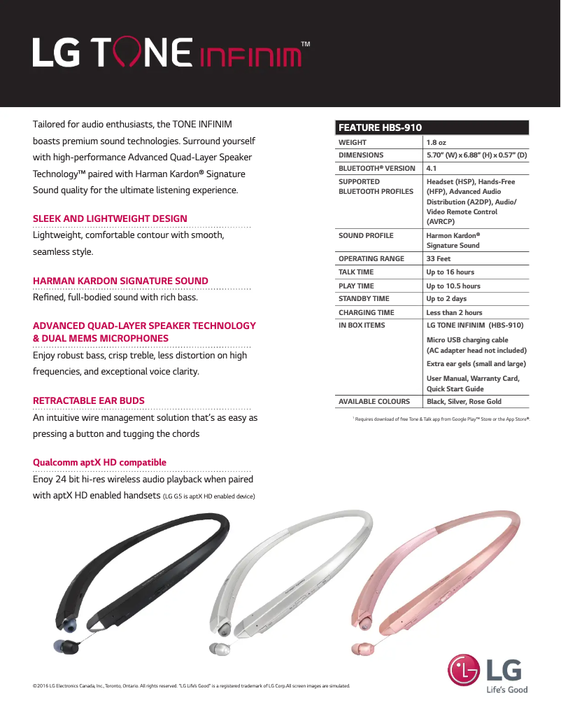 Page 1 of the manual Technical Sheet LG Tone Infinim HBS-910