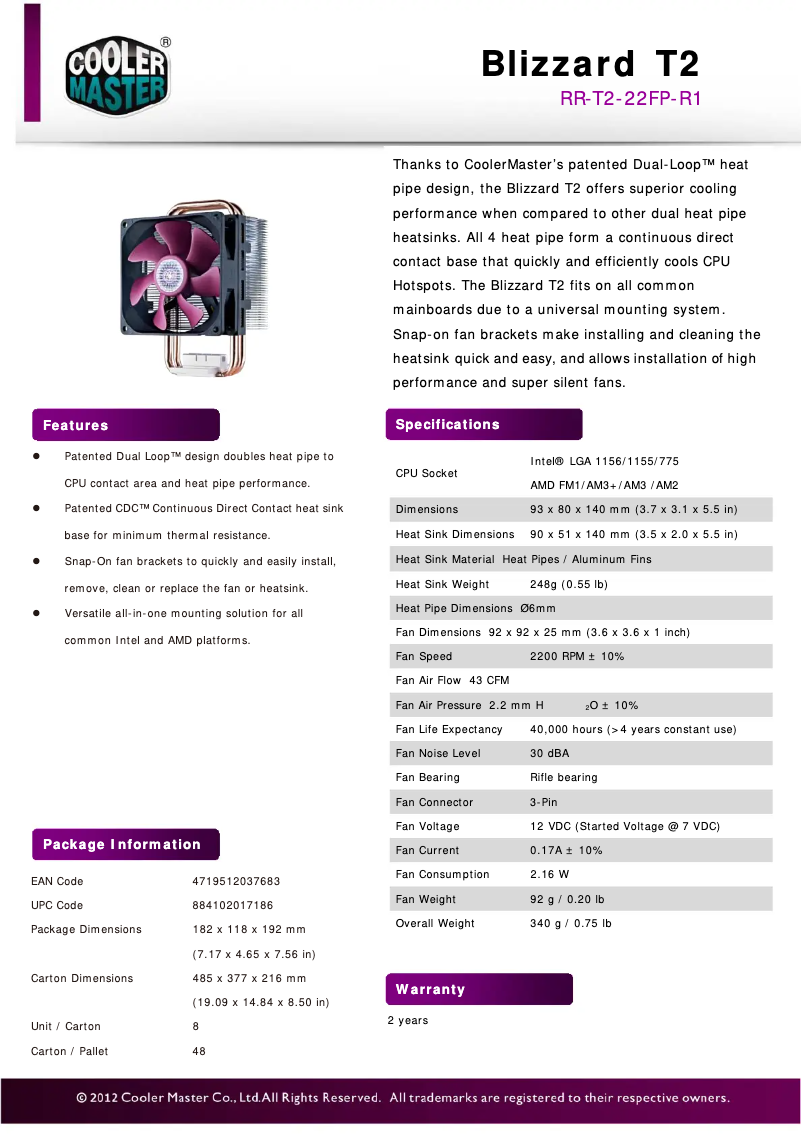 Page 1 of the manual Technical Sheet Cooler Master Blizzard T2