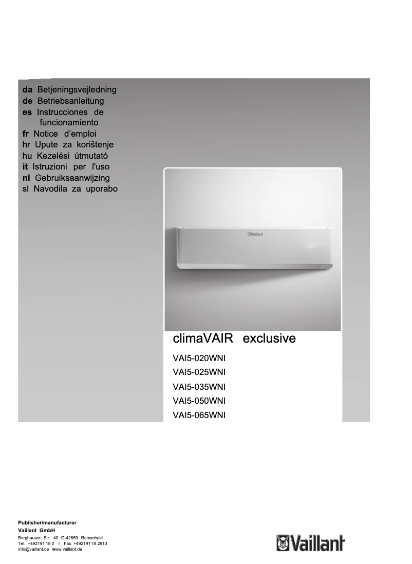 Page 1 of the manual User Manual Vaillant climaVAIR exclusive VAI5-035WNI