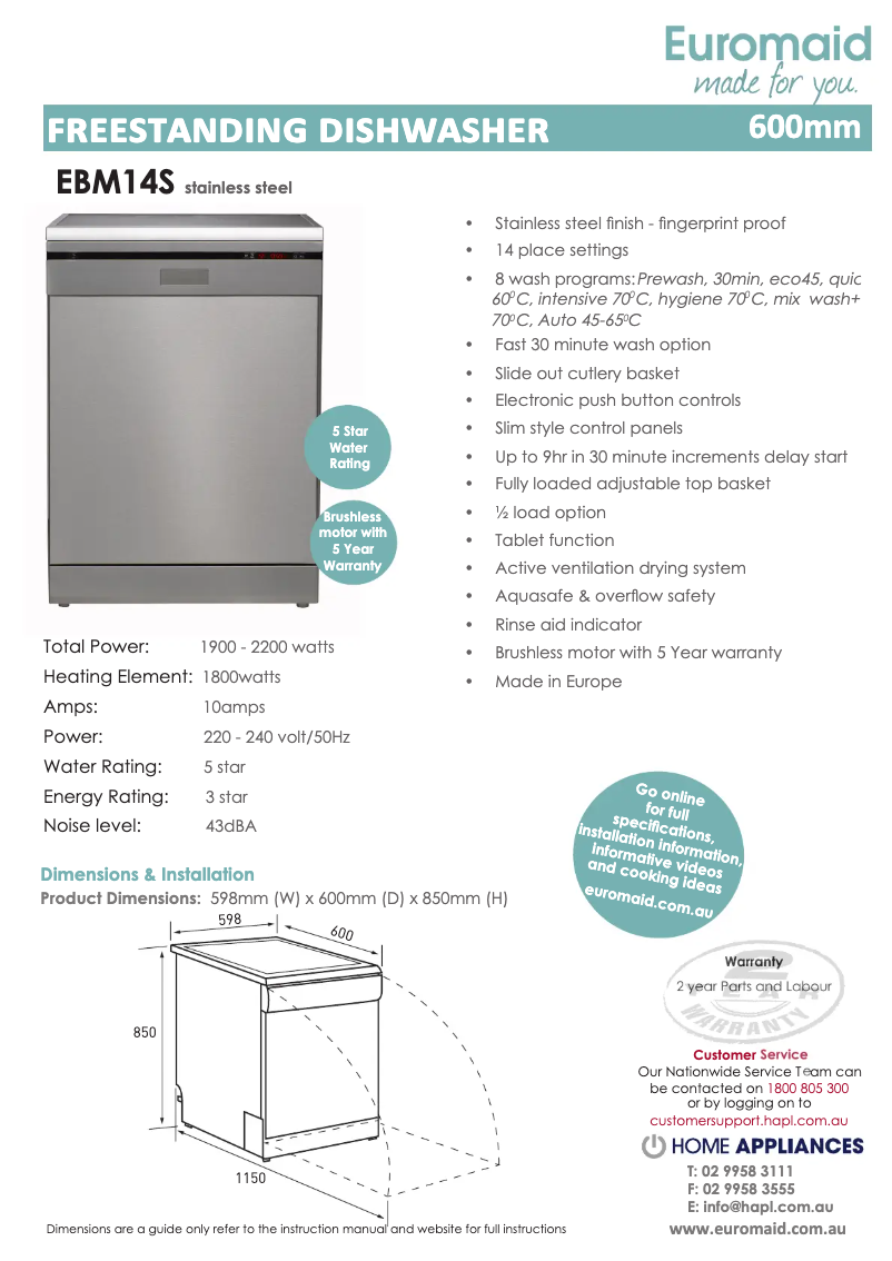 Page 1 of the manual Technical Sheet Euromaid EBM14S