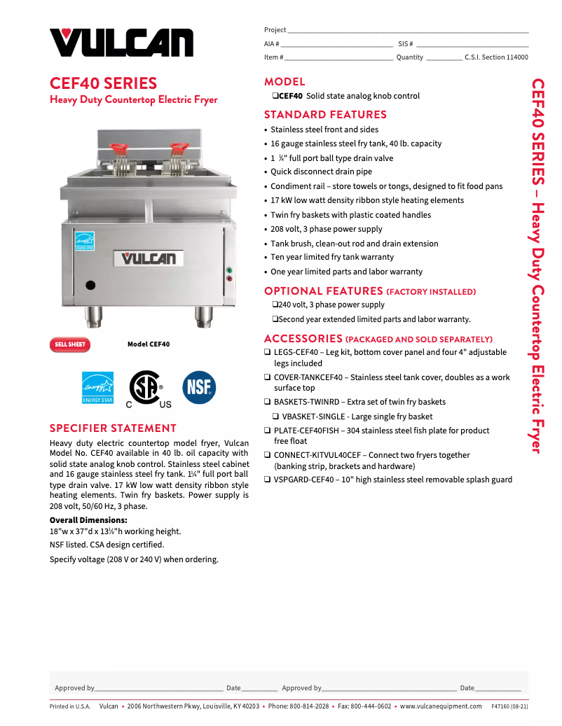 Page 1 of the manual Technical Sheet Vulcan CEF40