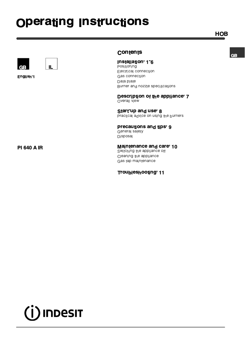 Page 1 of the manual User Manual Indesit PI 640 A (IX) IR