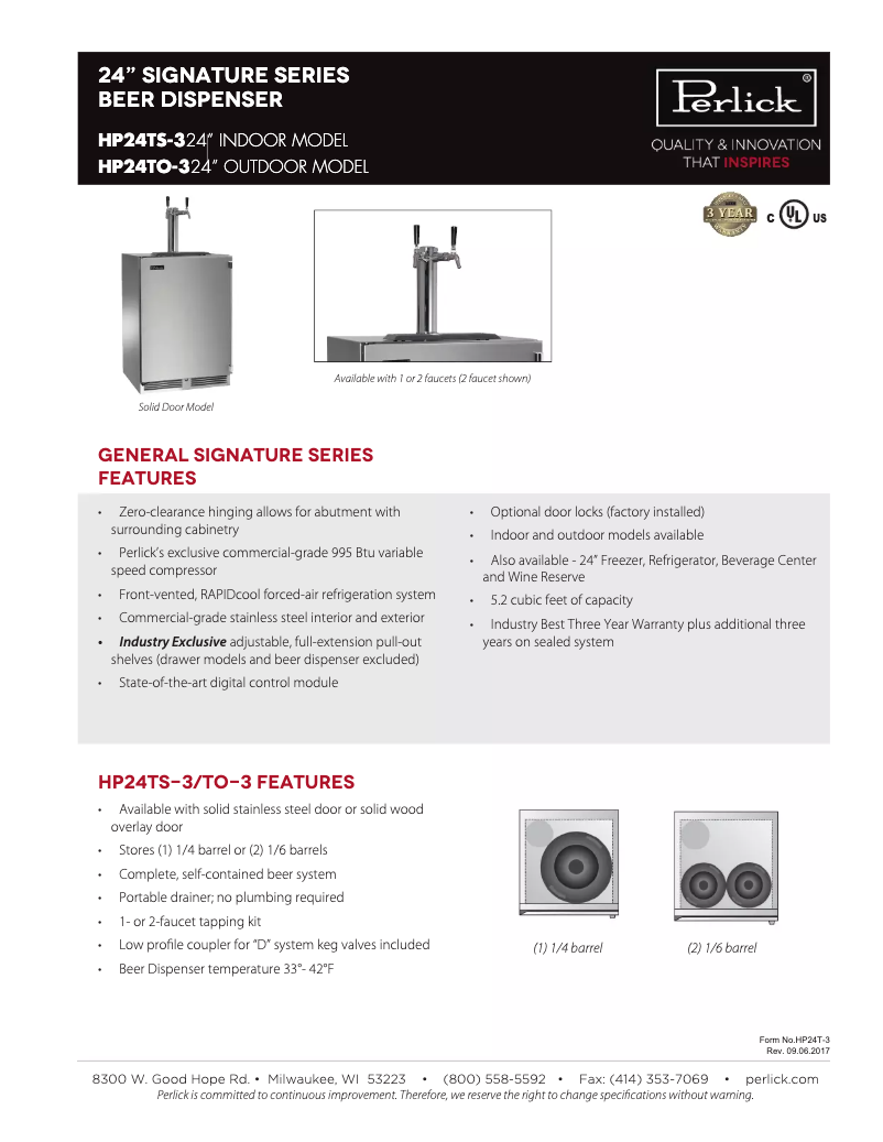 Page 1 of the manual Technical Sheet Perlick HP24TS31L2